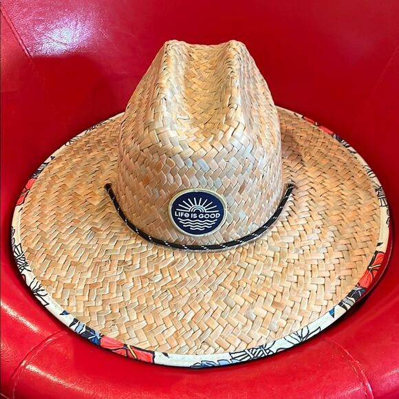 Life Is Good Tan Straw Hat with Black and Red Accents - Picture 1 of 3